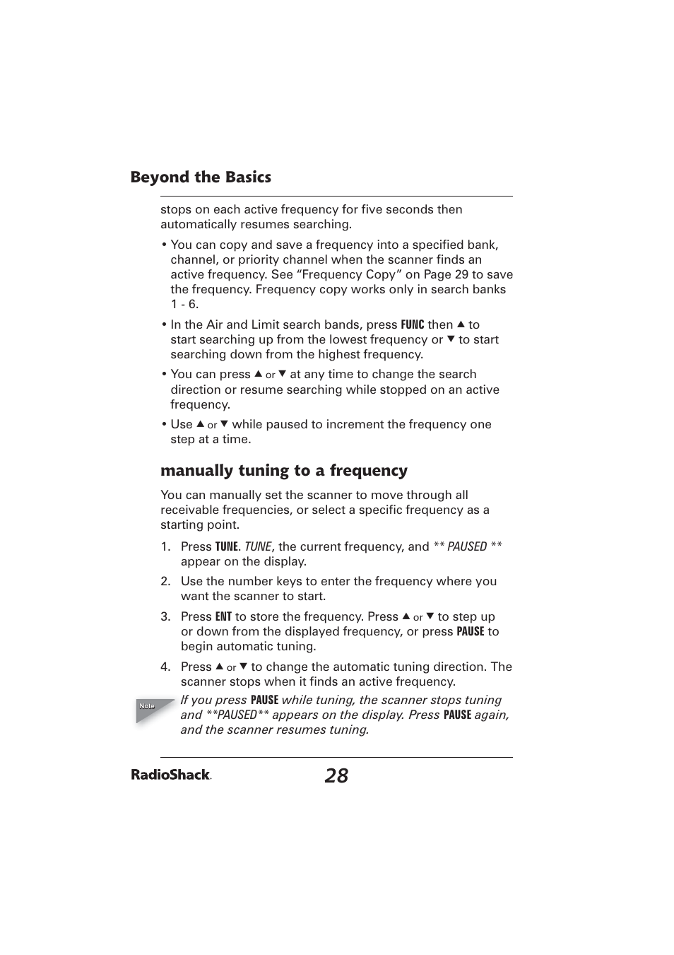 Beyond the basics, Manually tuning to a frequency | Radio Shack PRO-2096 User Manual | Page 28 / 84