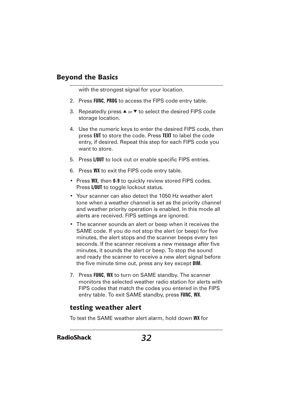 Beyond the basics, Testing weather alert | Radio Shack PRO-2096 User Manual | Page 32 / 84