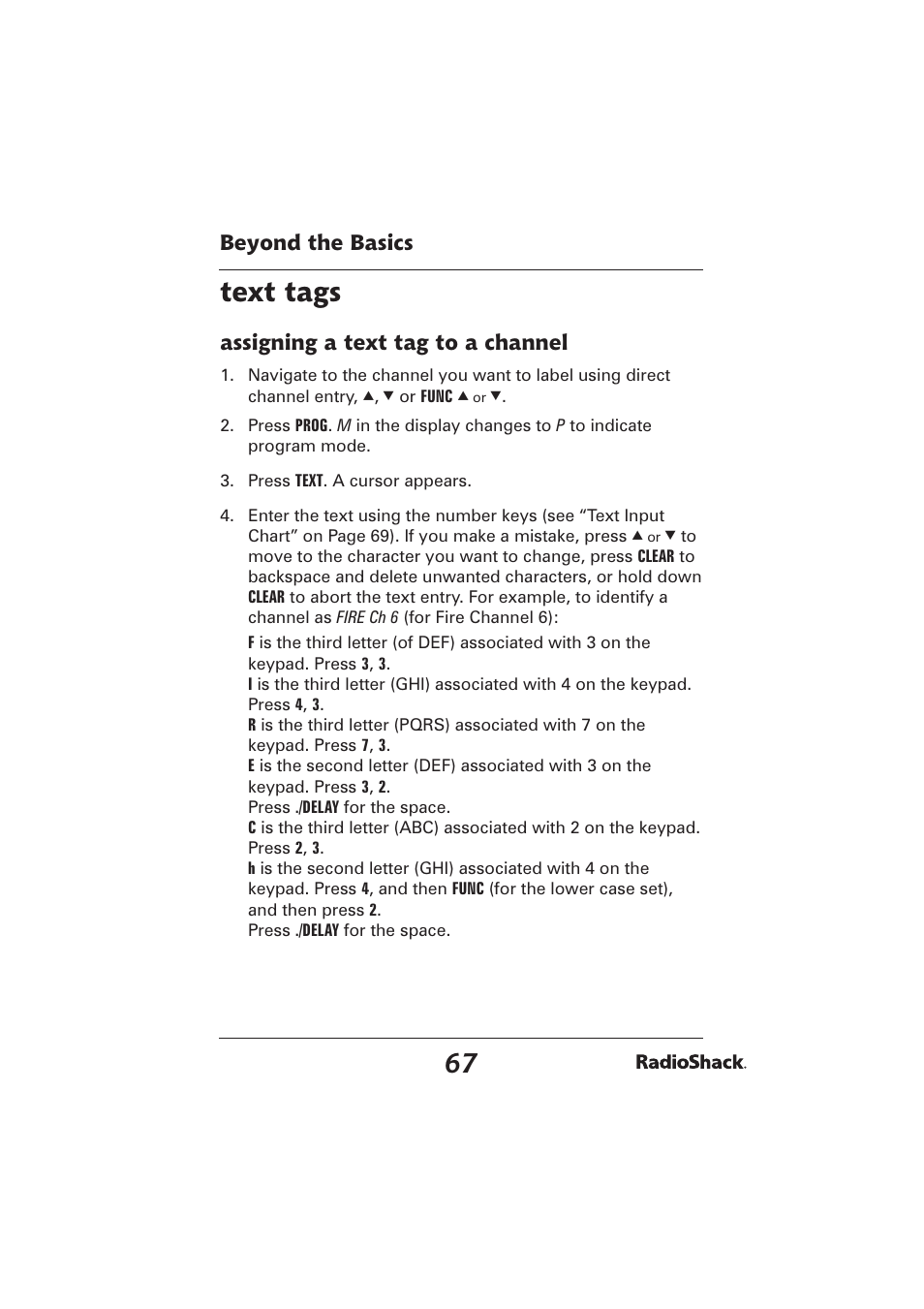 Text tags, Beyond the basics, Assigning a text tag to a channel | Radio Shack PRO-2096 User Manual | Page 67 / 84