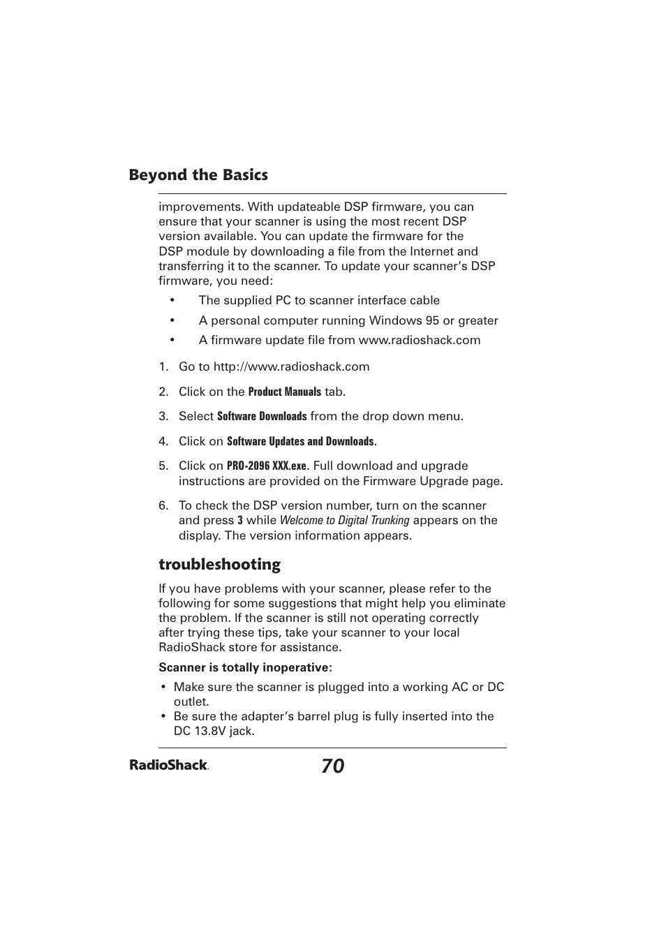 Beyond the basics, Troubleshooting | Radio Shack PRO-2096 User Manual | Page 70 / 84