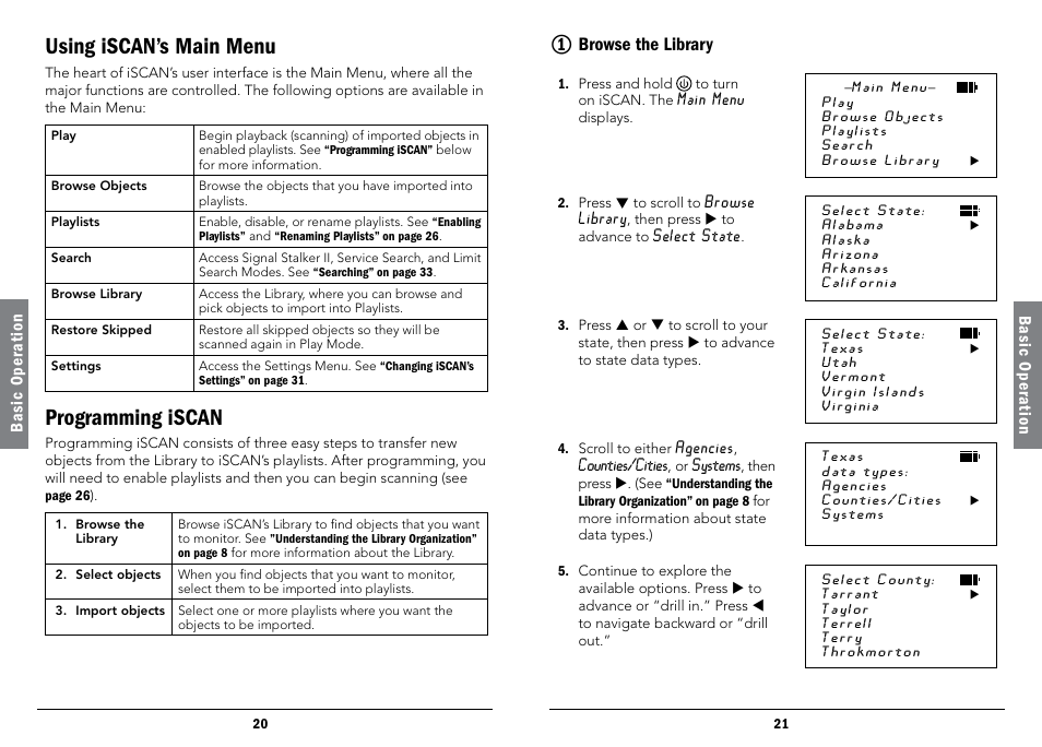 Using iscan’s main menu, Programming iscan, 1 browse the library | Using iscan’s main menu programming iscan, Browse the library | Radio Shack iScan PRO-107 User Manual | Page 11 / 33