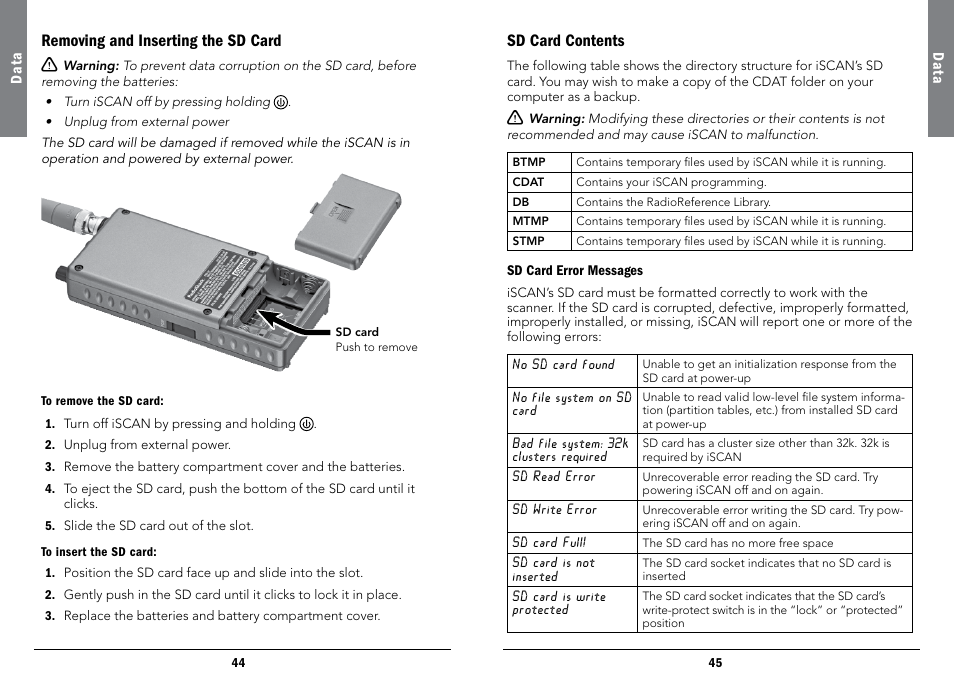 Removing and inserting the sd card, Sd card contents | Radio Shack iScan PRO-107 User Manual | Page 23 / 33