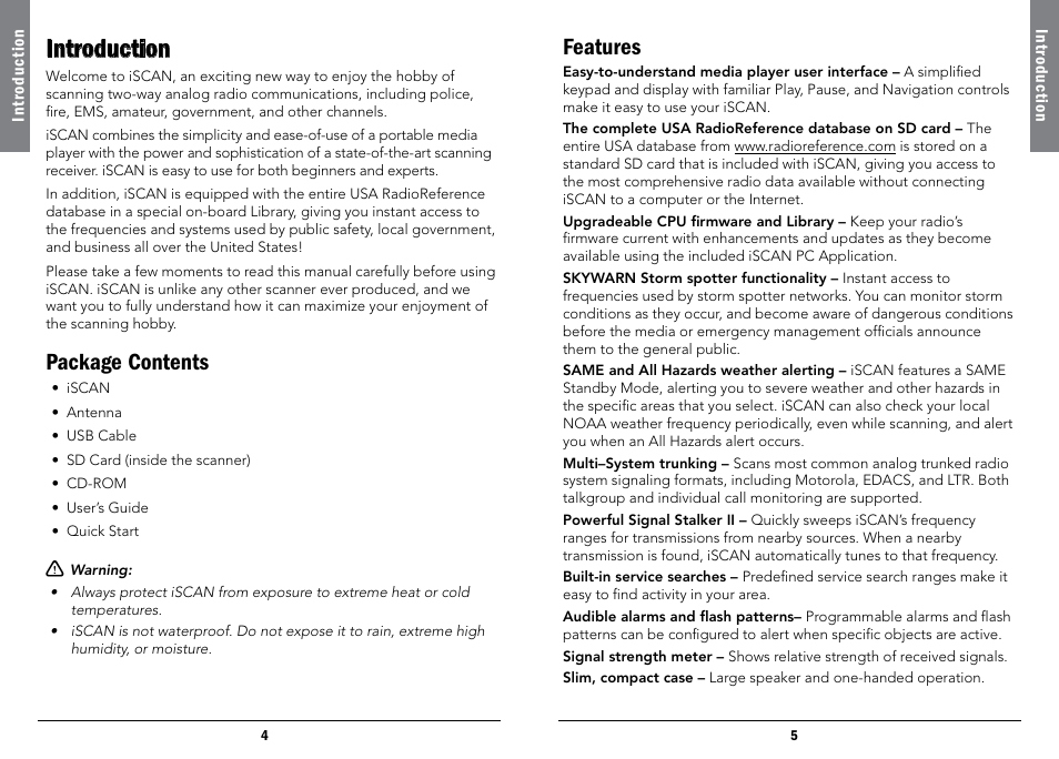Introduction, Package contents, Features | Package contents features | Radio Shack iScan PRO-107 User Manual | Page 3 / 33