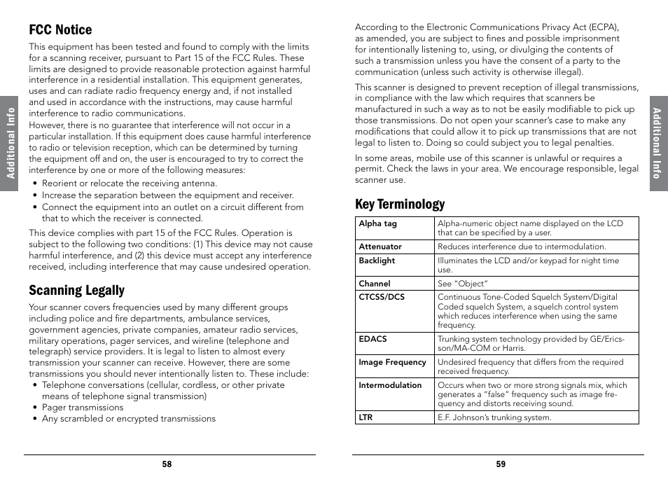 Fcc notice, Scanning legally, Key terminology | Fcc notice scanning legally key terminology | Radio Shack iScan PRO-107 User Manual | Page 30 / 33