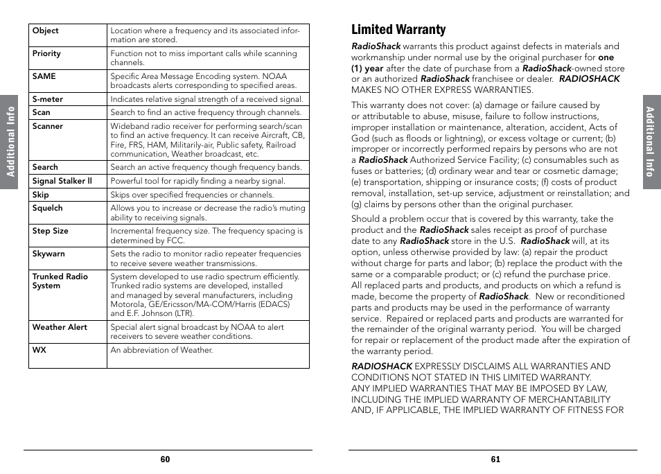 Limited warranty | Radio Shack iScan PRO-107 User Manual | Page 31 / 33