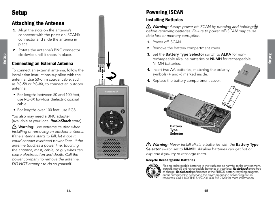 Setup, Attaching the antenna, Connecting an external antenna | Powering iscan, Installing batteries | Radio Shack iScan PRO-107 User Manual | Page 8 / 33