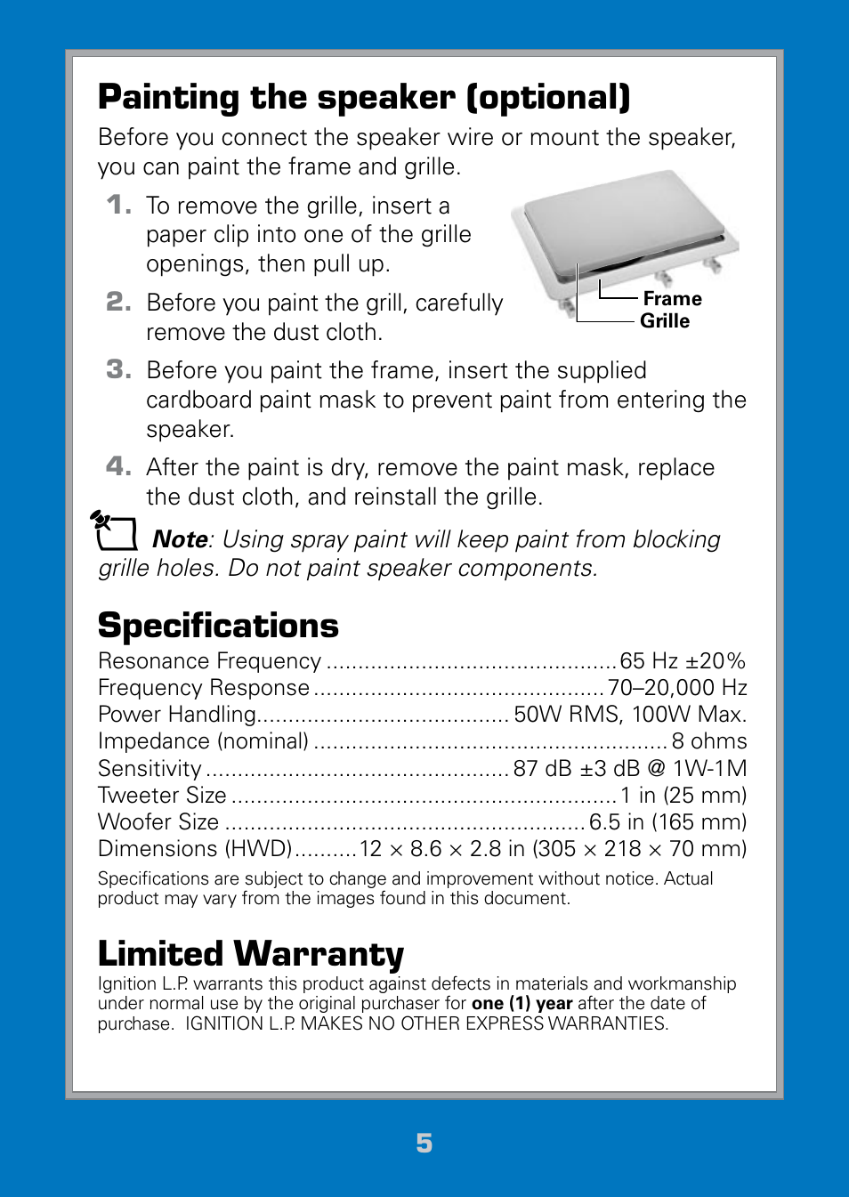 Painting the speaker (optional), Specifications, Limited warranty | Radio Shack Auvio 40-290 User Manual | Page 5 / 7