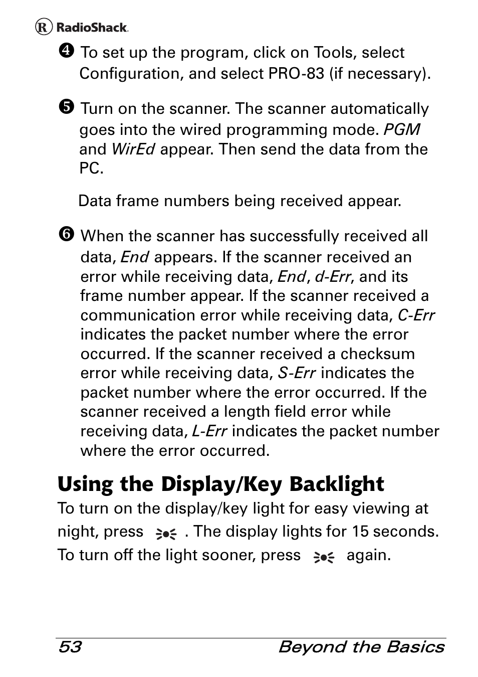 Using the display/key backlight | Radio Shack PRO-83 User Manual | Page 53 / 64