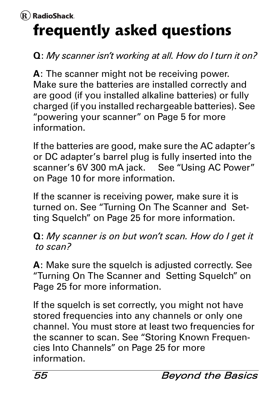 Frequently asked questions | Radio Shack PRO-83 User Manual | Page 55 / 64