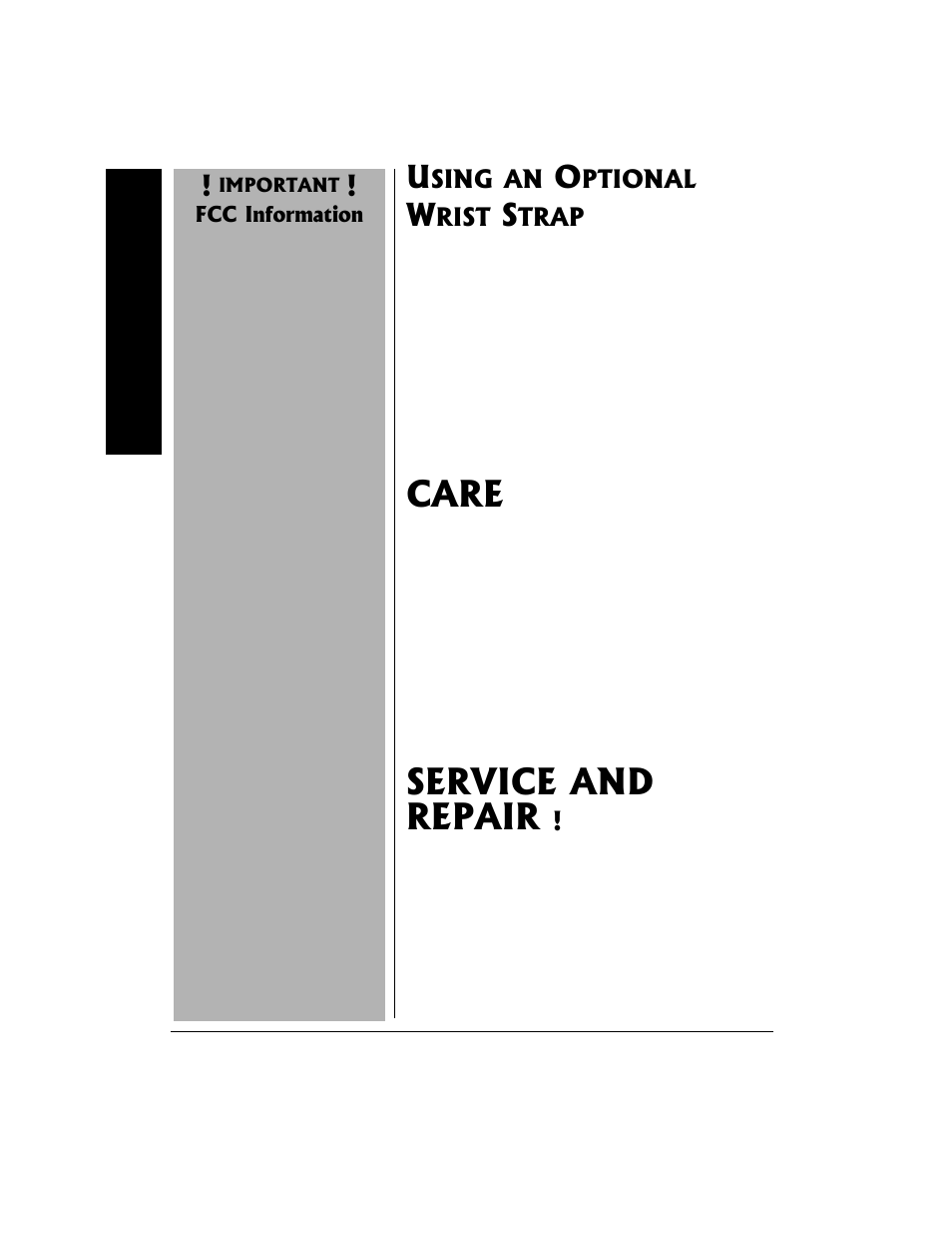 Using an optional wrist strap, Care service and repair, Care | Service and repair | Radio Shack 21-1902 User Manual | Page 22 / 28