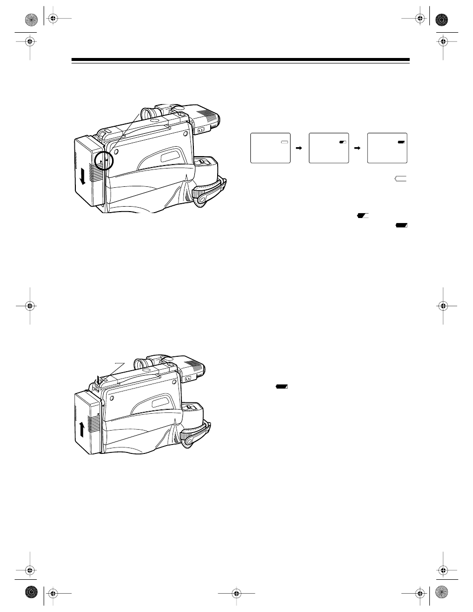 Attaching the battery pack to the camcorder, Removing the battery pack from the camcorder, Battery status indicators | Replacing the battery pack while recording, Slide, The power indicator turns on. 5. press | Radio Shack Camcorder Model 130 Moviecorder User Manual | Page 11 / 44
