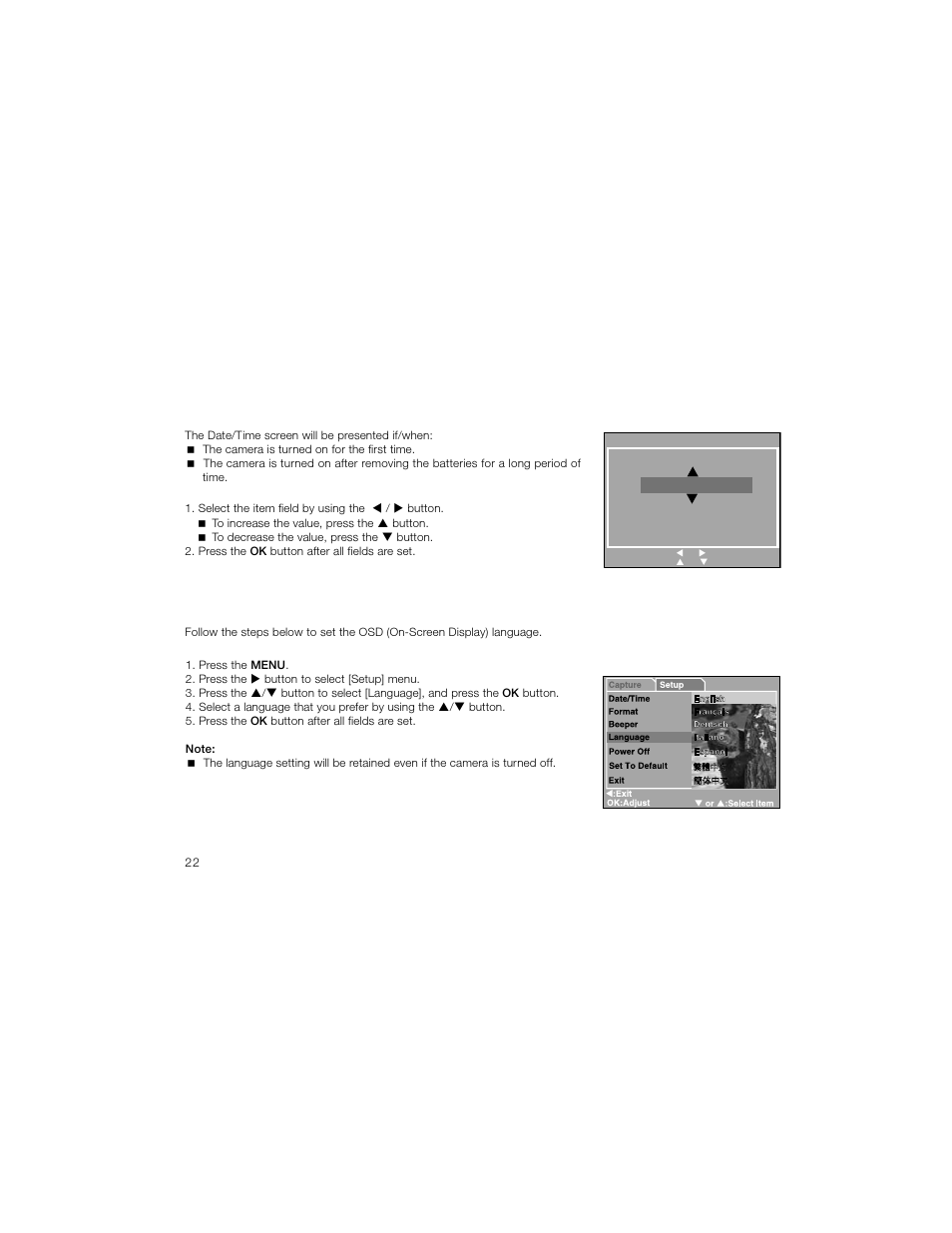 Setting the date and time, Choosing the language | Radio Shack OPTIMUS 16-3869 User Manual | Page 24 / 73