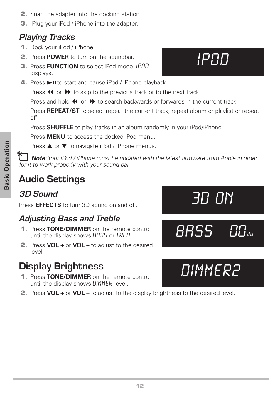 3d on bass 00, Dimmer2 ipod, Audio settings | Display brightness, Playing tracks, 3d sound, Adjusting bass and treble | Radio Shack Auvio 40-294 User Manual | Page 12 / 16