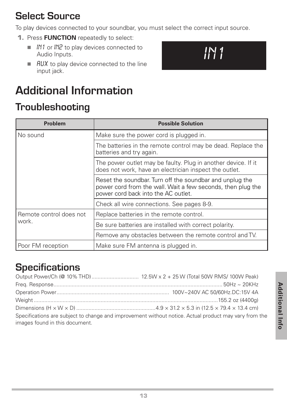 Additional information, Select source, Troubleshooting | Specifications | Radio Shack Auvio 40-294 User Manual | Page 13 / 16