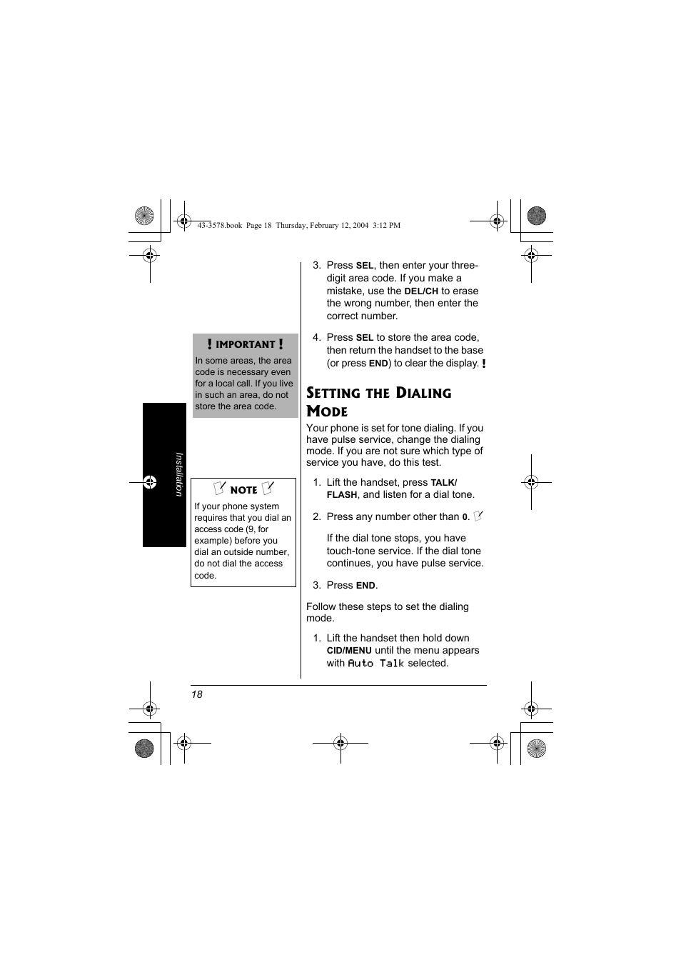 Setting the dialing mode | Radio Shack 43-3578 User Manual | Page 18 / 44