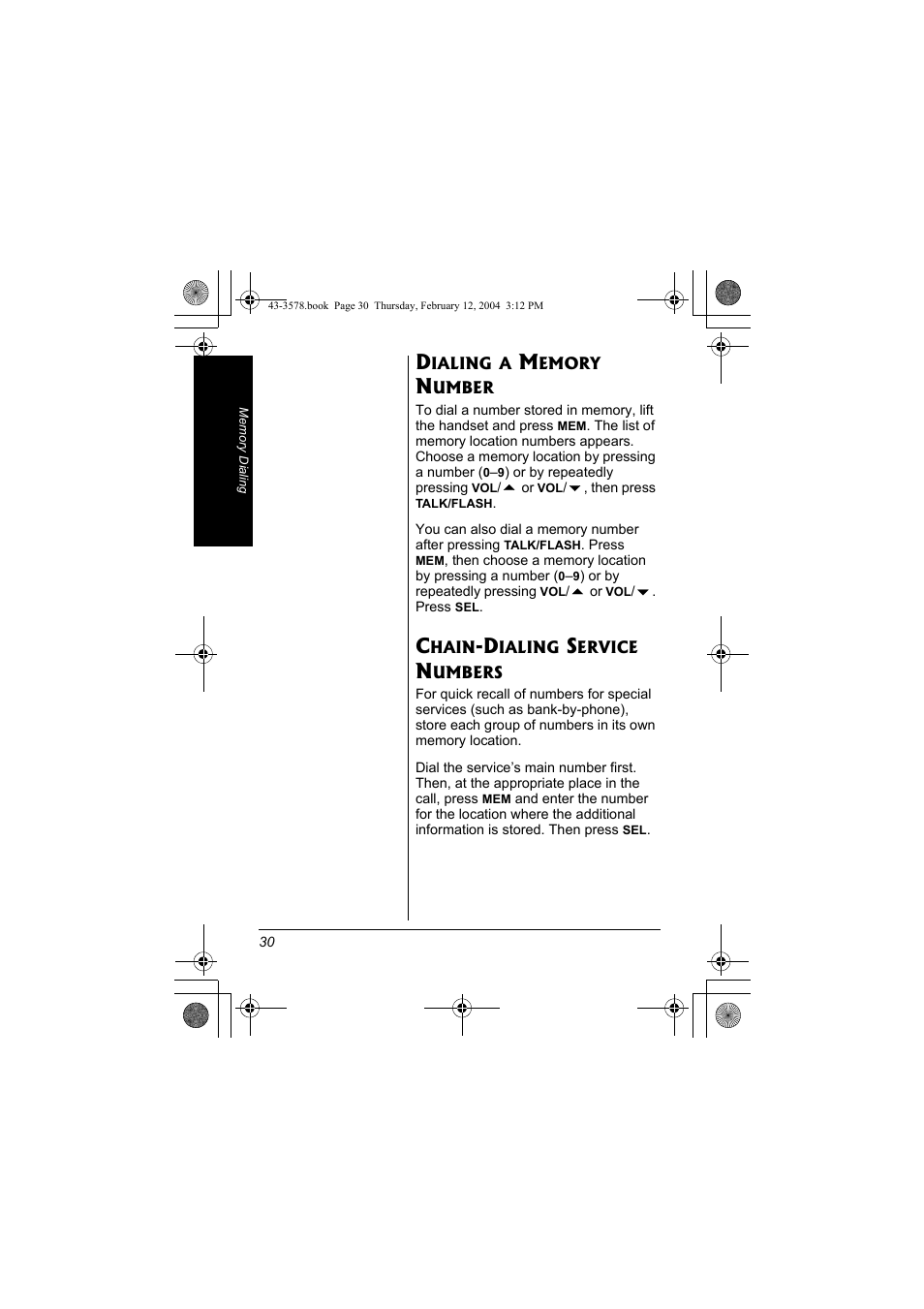 Dialing a memory number, Chain-dialing service, Numbers | Radio Shack 43-3578 User Manual | Page 30 / 44