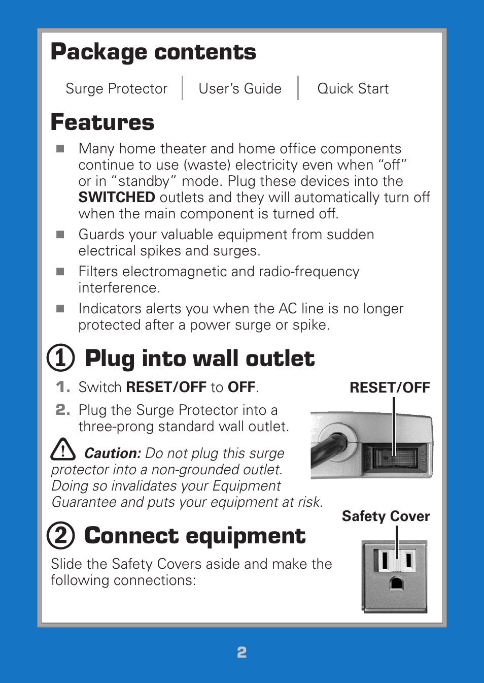 Package contents, Features, Plug into wall outlet | Connect equipment | Radio Shack Auvio 61-189 User Manual | Page 2 / 12