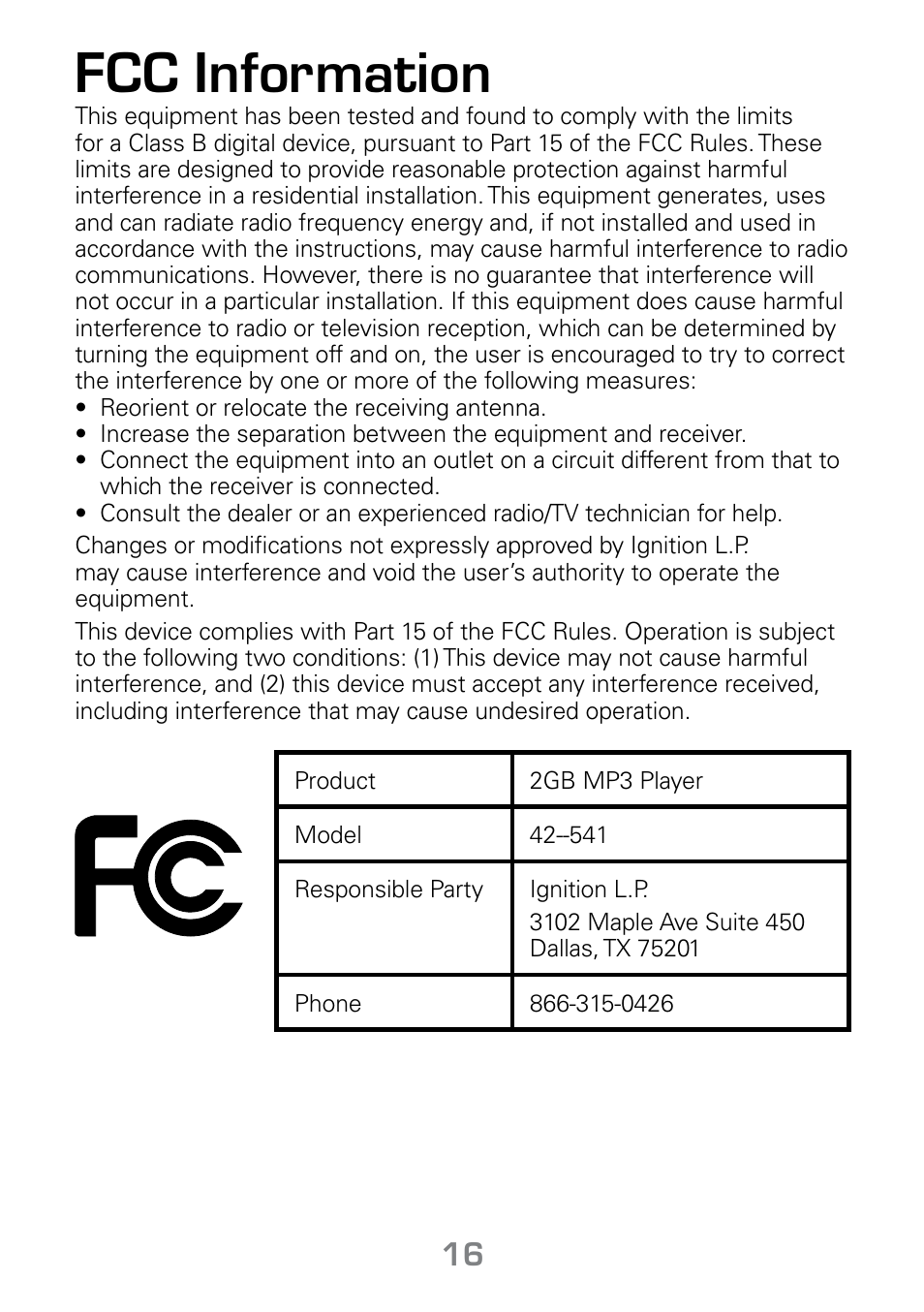 Fcc information | Radio Shack Gigaware 42-541 User Manual | Page 16 / 18