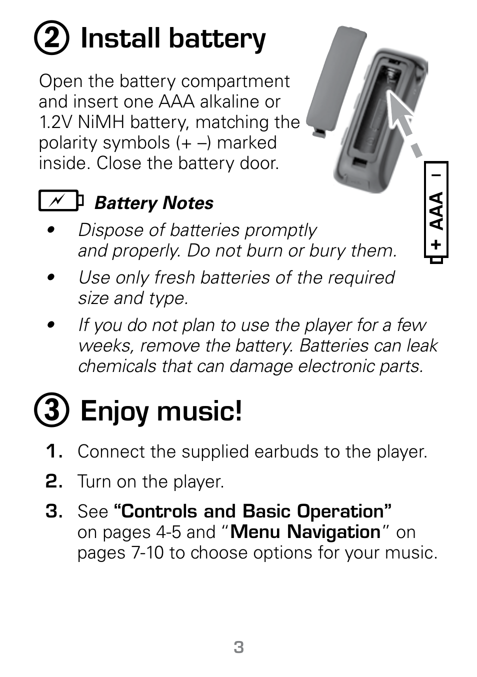 Install battery, Enjoy music | Radio Shack Gigaware 42-541 User Manual | Page 3 / 18