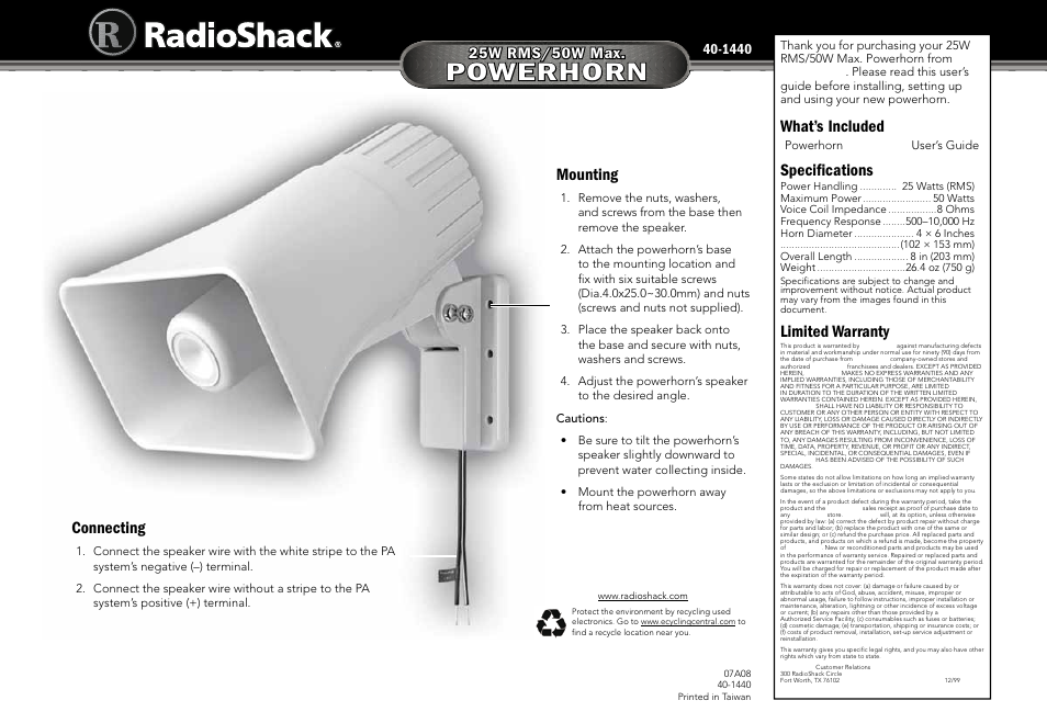 Radio Shack 40-1440 User Manual | 1 page