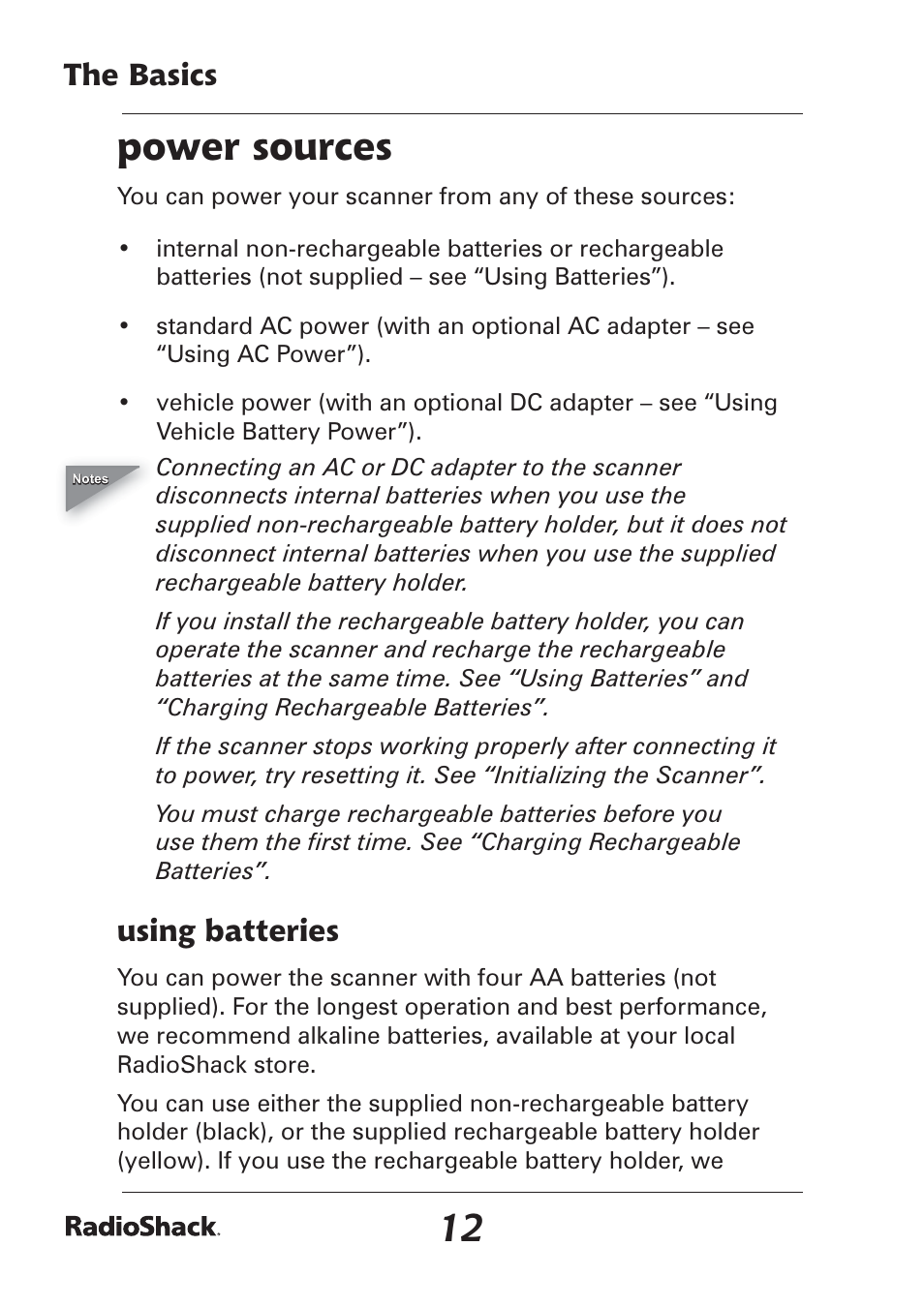 Power sources, The basics, Using batteries | Radio Shack Pro-97 1,000 User Manual | Page 12 / 88