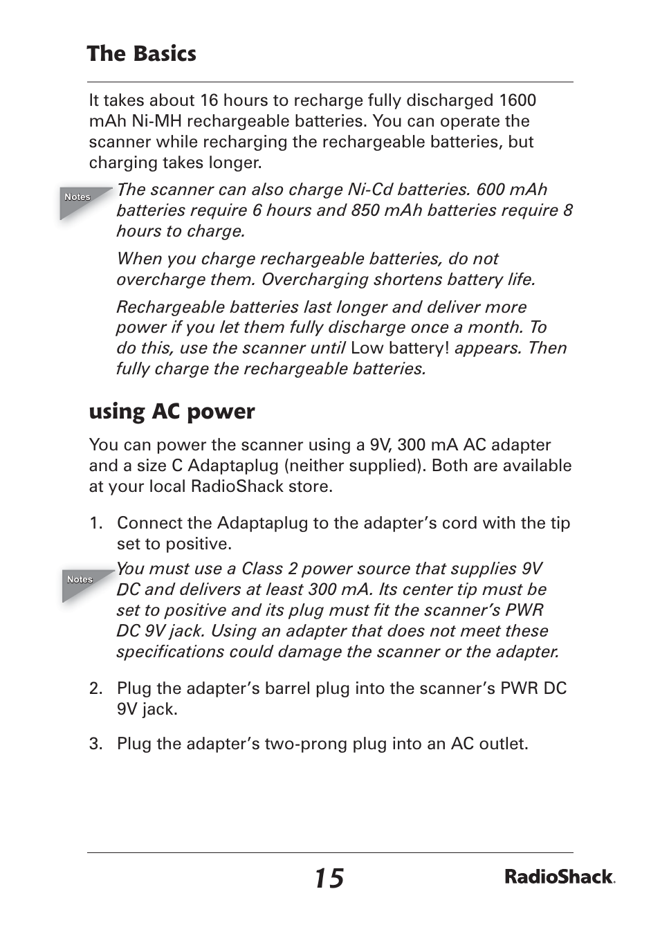 The basics, Using ac power | Radio Shack Pro-97 1,000 User Manual | Page 15 / 88