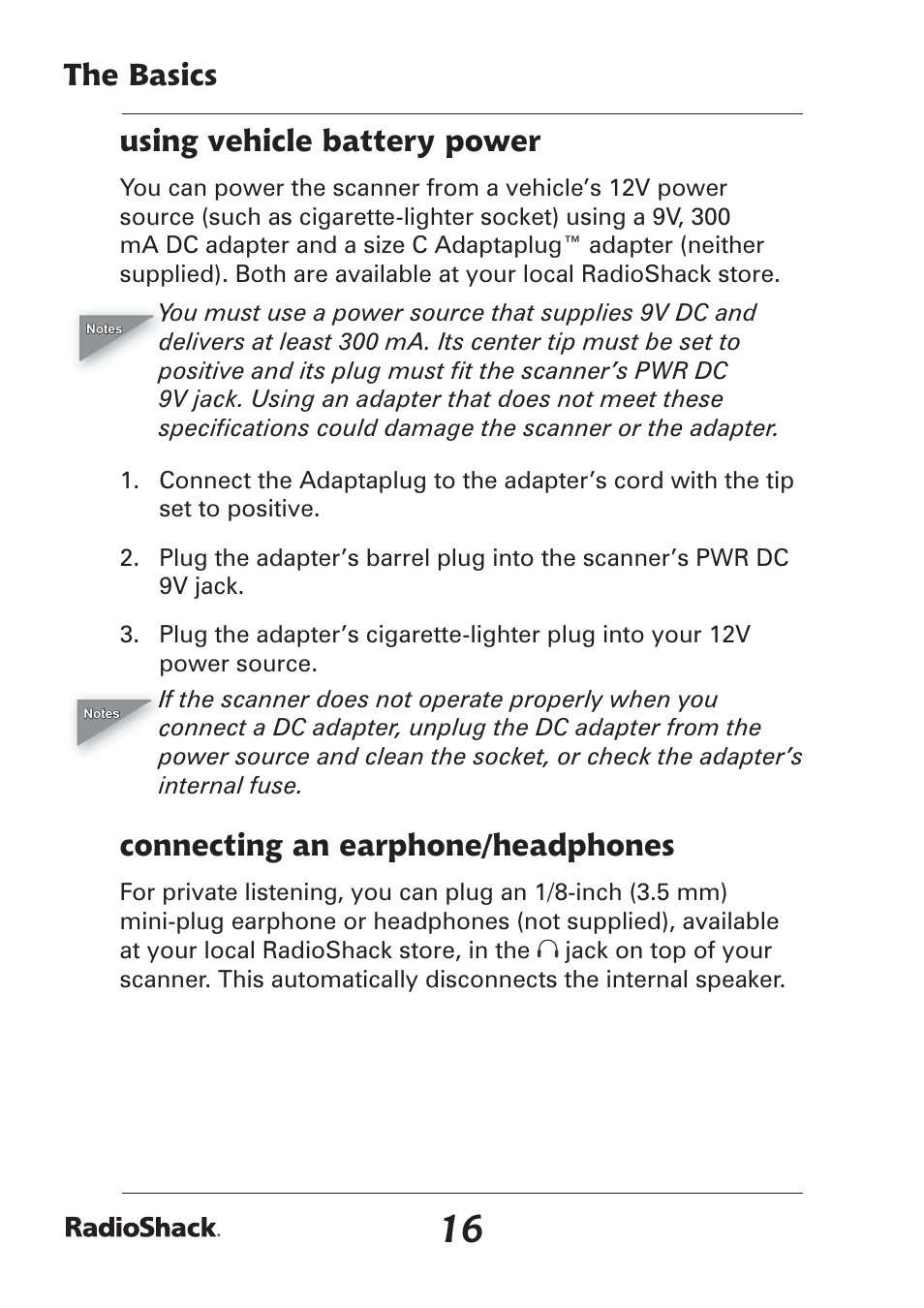 The basics using vehicle battery power, Connecting an earphone/headphones | Radio Shack Pro-97 1,000 User Manual | Page 16 / 88