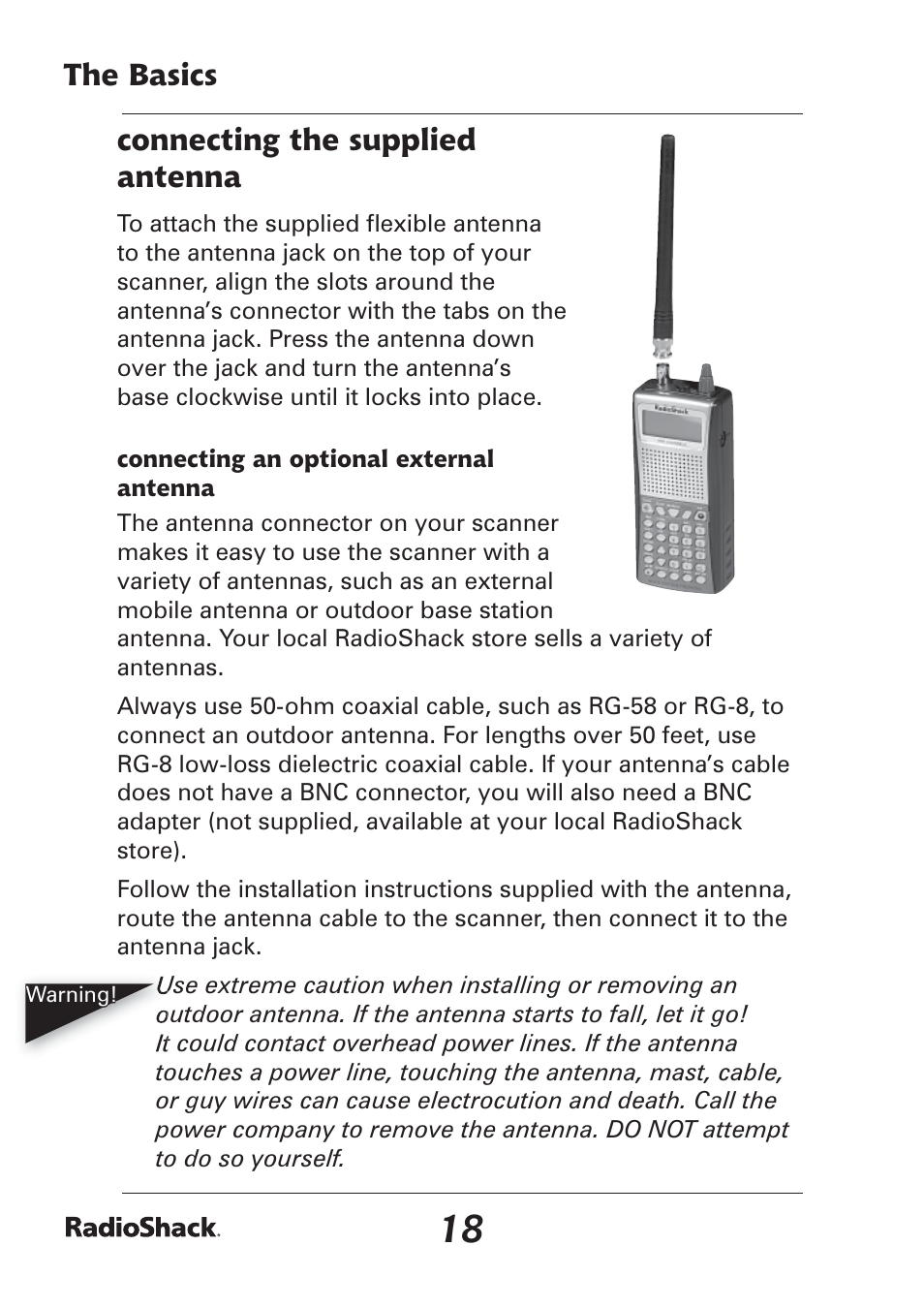 The basics connecting the supplied antenna | Radio Shack Pro-97 1,000 User Manual | Page 18 / 88