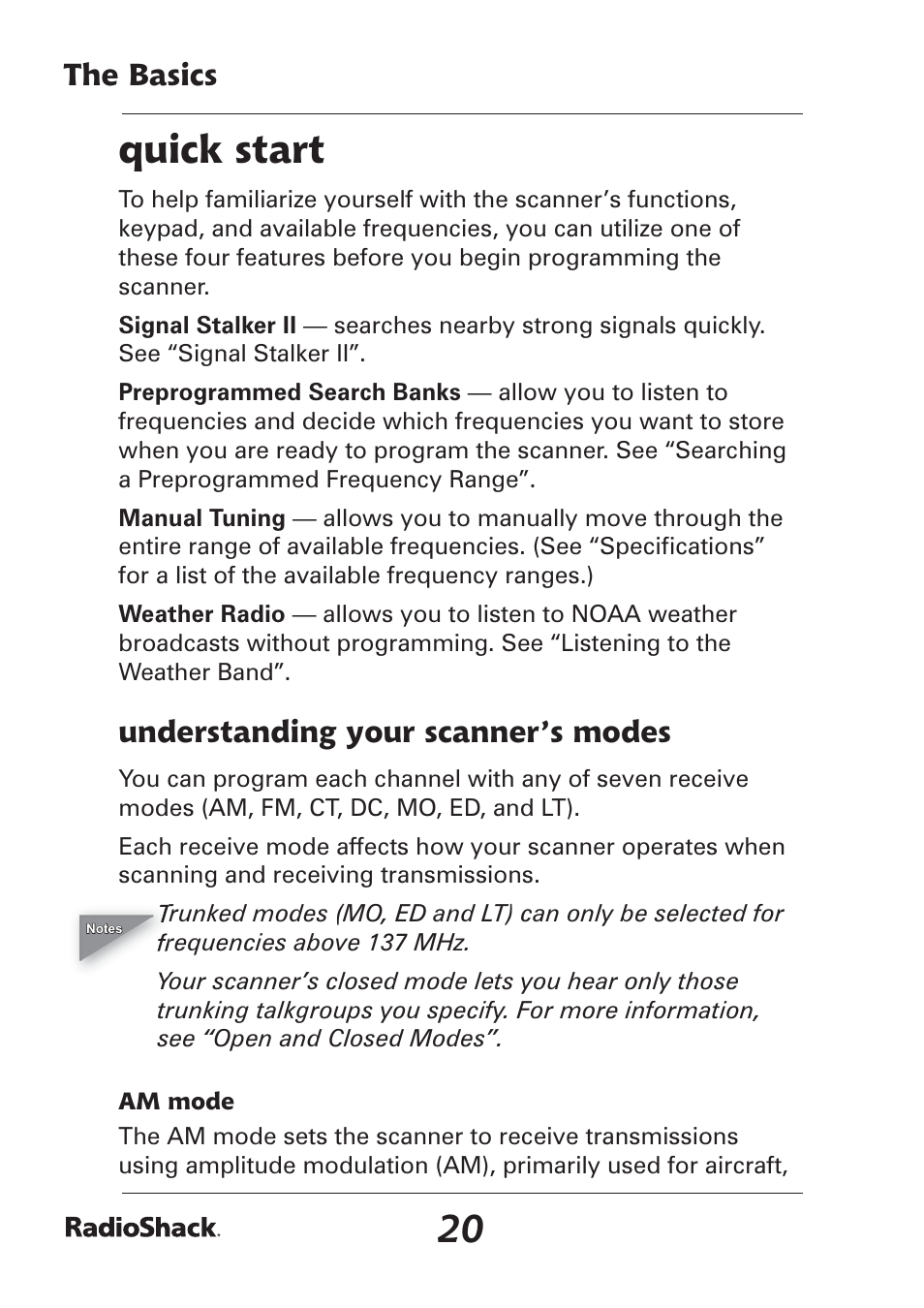 Quick start, The basics, Understanding your scanner’s modes | Radio Shack Pro-97 1,000 User Manual | Page 20 / 88