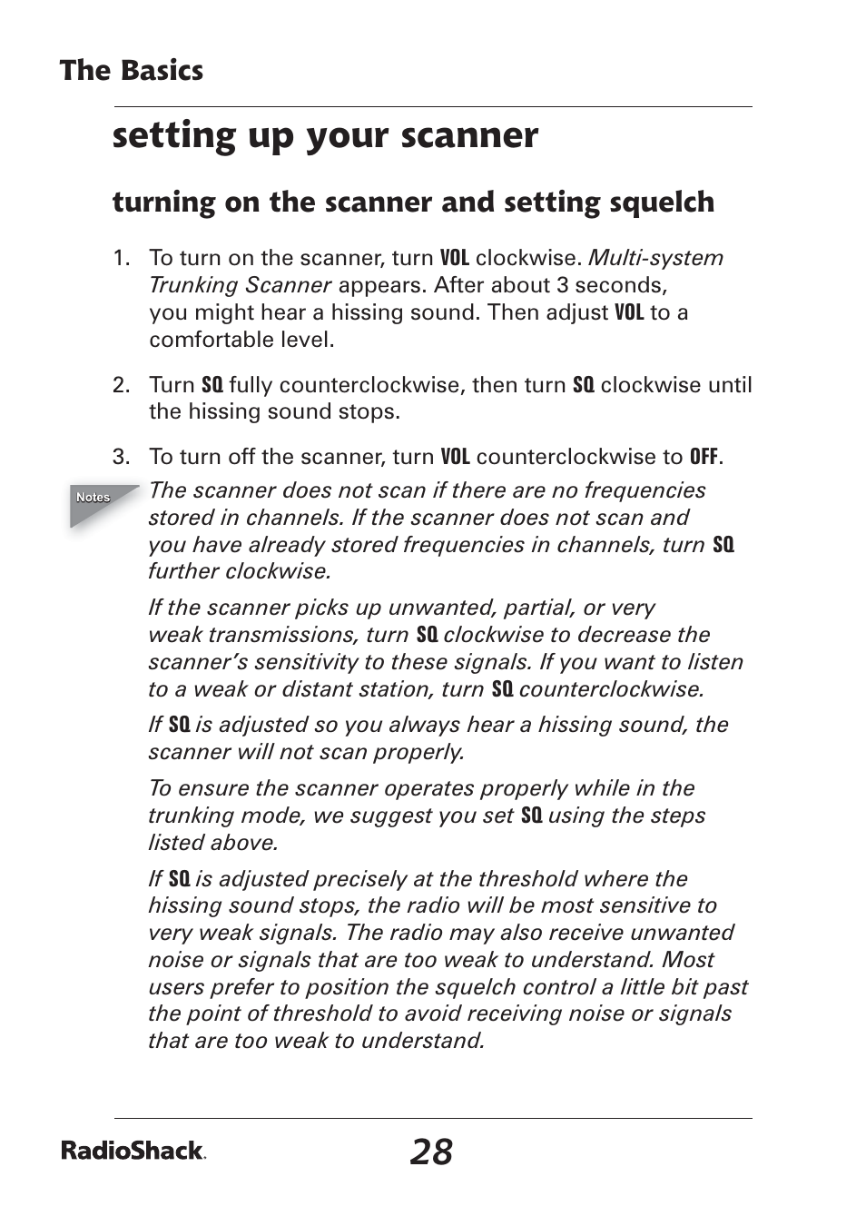 Setting up your scanner, The basics, Turning on the scanner and setting squelch | Radio Shack Pro-97 1,000 User Manual | Page 28 / 88