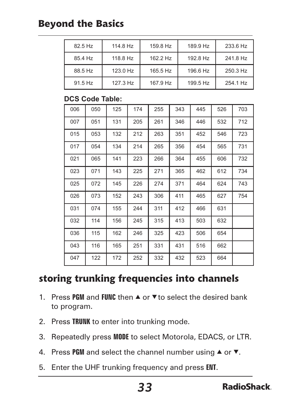 Beyond the basics, Storing trunking frequencies into channels, Press pgm and func then | Enter the uhf trunking frequency and press ent, Dcs code table | Radio Shack Pro-97 1,000 User Manual | Page 33 / 88