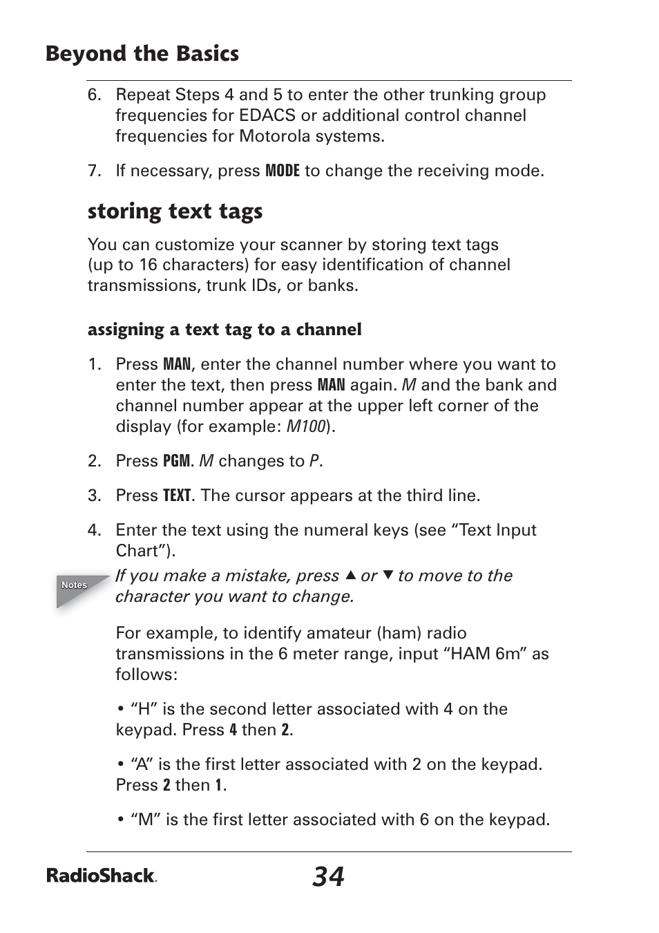 Beyond the basics, Storing text tags | Radio Shack Pro-97 1,000 User Manual | Page 34 / 88