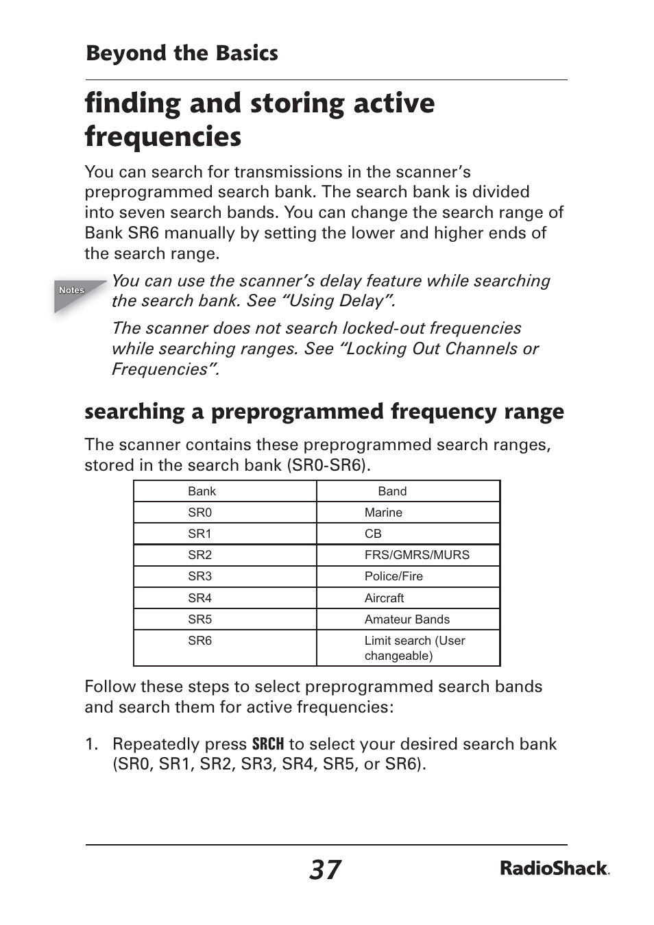 FI nding and storing active frequencies, Beyond the basics, Searching a preprogrammed frequency range | Radio Shack Pro-97 1,000 User Manual | Page 37 / 88