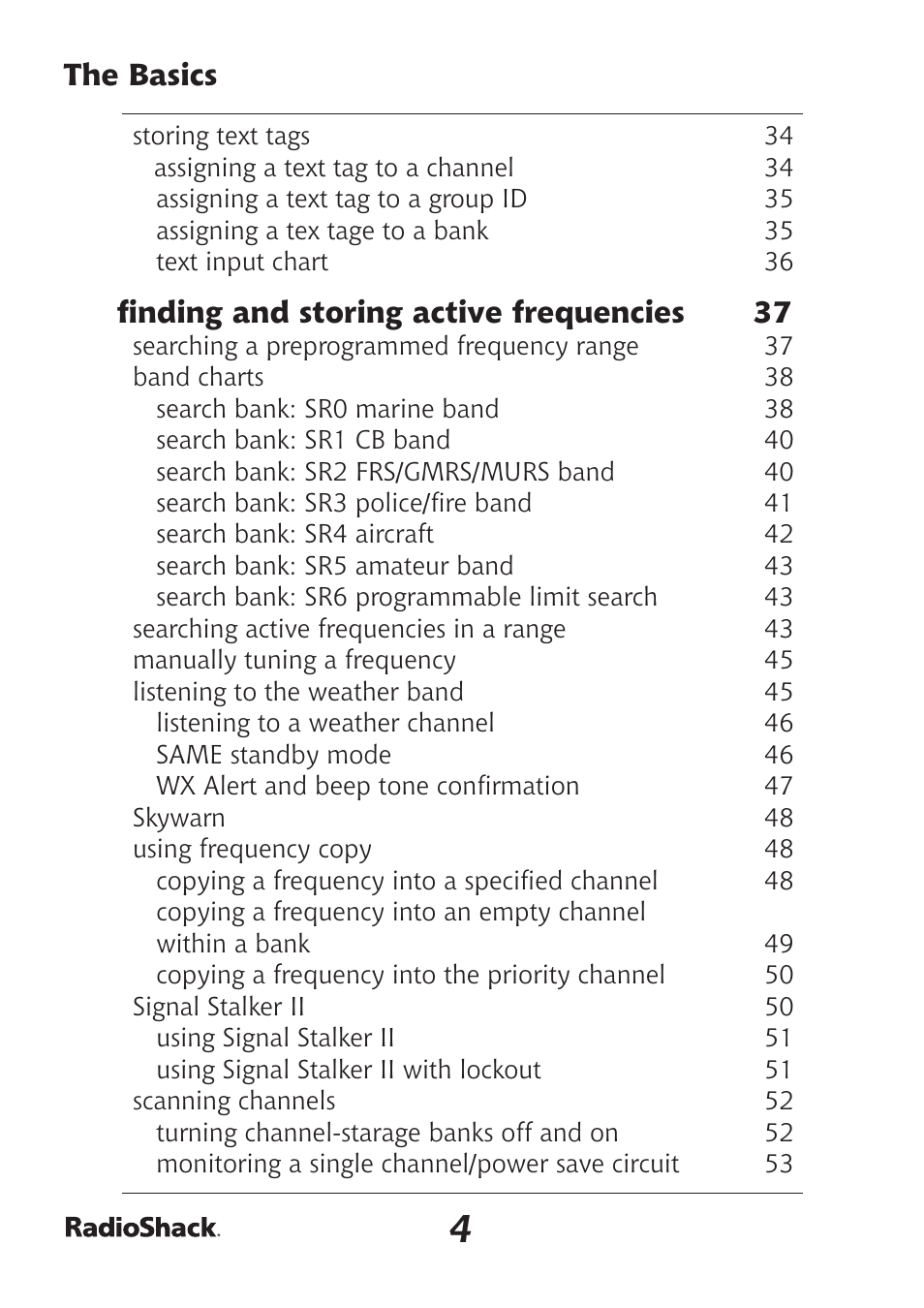 The basics, FI nding and storing active frequencies 37 | Radio Shack Pro-97 1,000 User Manual | Page 4 / 88