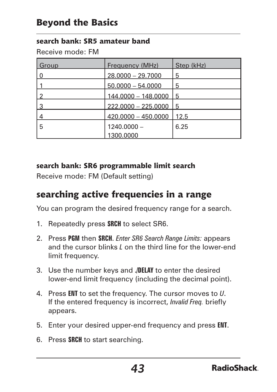 Beyond the basics, Searching active frequencies in a range | Radio Shack Pro-97 1,000 User Manual | Page 43 / 88