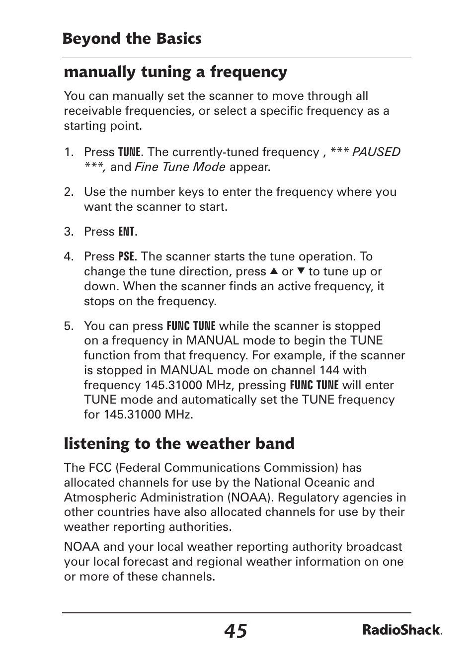 Beyond the basics manually tuning a frequency, Listening to the weather band | Radio Shack Pro-97 1,000 User Manual | Page 45 / 88