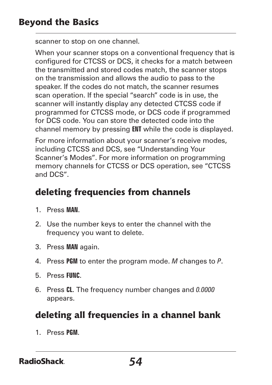 Beyond the basics, Deleting frequencies from channels, Deleting all frequencies in a channel bank | Radio Shack Pro-97 1,000 User Manual | Page 54 / 88