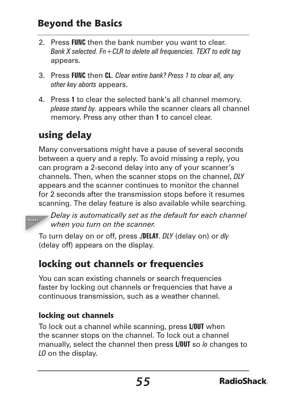 Beyond the basics, Using delay, Locking out channels or frequencies | Radio Shack Pro-97 1,000 User Manual | Page 55 / 88
