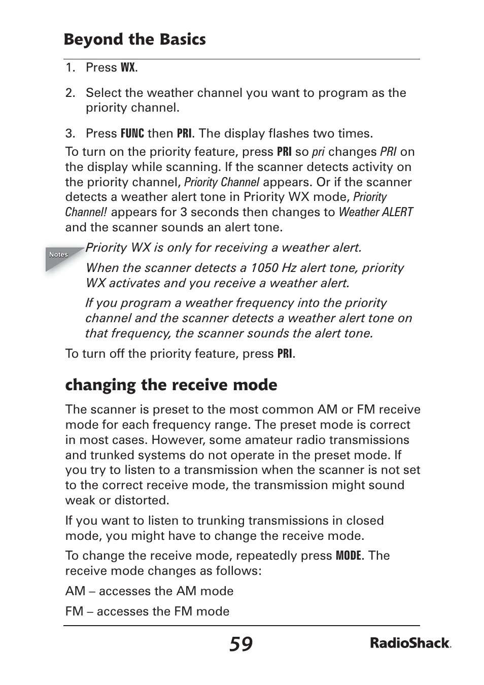 Beyond the basics, Changing the receive mode | Radio Shack Pro-97 1,000 User Manual | Page 59 / 88