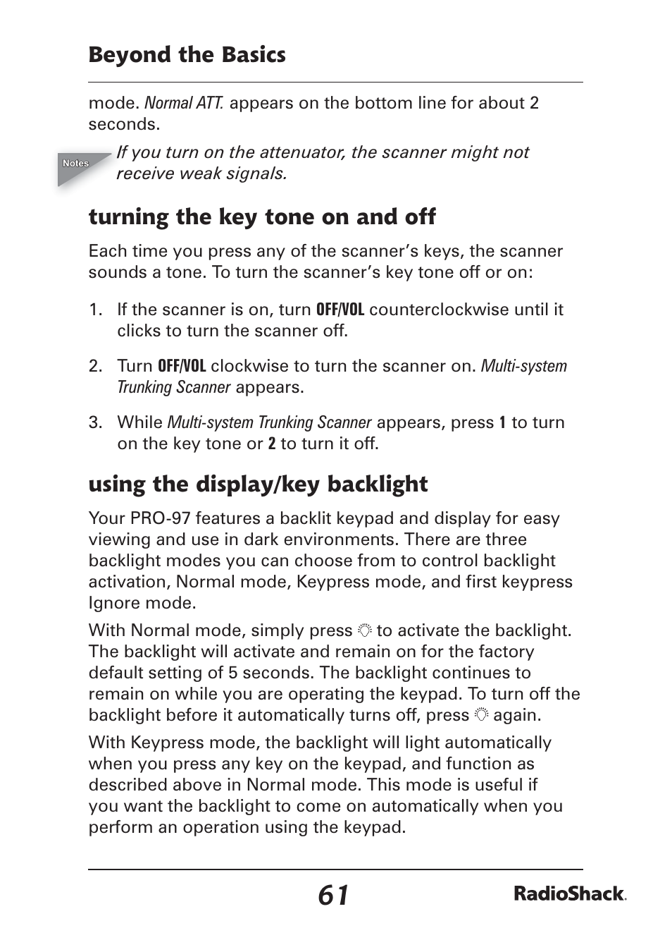 Beyond the basics, Turning the key tone on and off, Using the display/key backlight | Radio Shack Pro-97 1,000 User Manual | Page 61 / 88