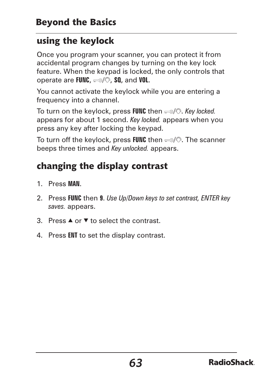 Beyond the basics using the keylock, Changing the display contrast | Radio Shack Pro-97 1,000 User Manual | Page 63 / 88