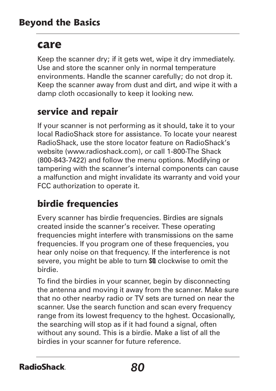 Care | Radio Shack Pro-97 1,000 User Manual | Page 80 / 88