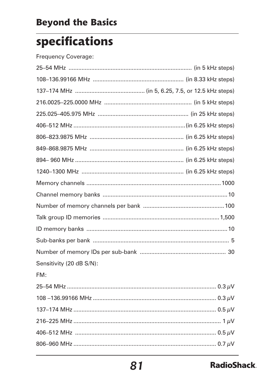 Speciﬁ cations, Beyond the basics | Radio Shack Pro-97 1,000 User Manual | Page 81 / 88