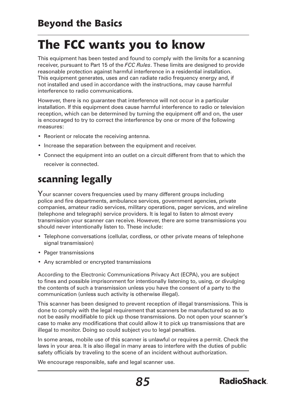 The fcc wants you to know, Beyond the basics, Scanning legally | Radio Shack Pro-97 1,000 User Manual | Page 85 / 88