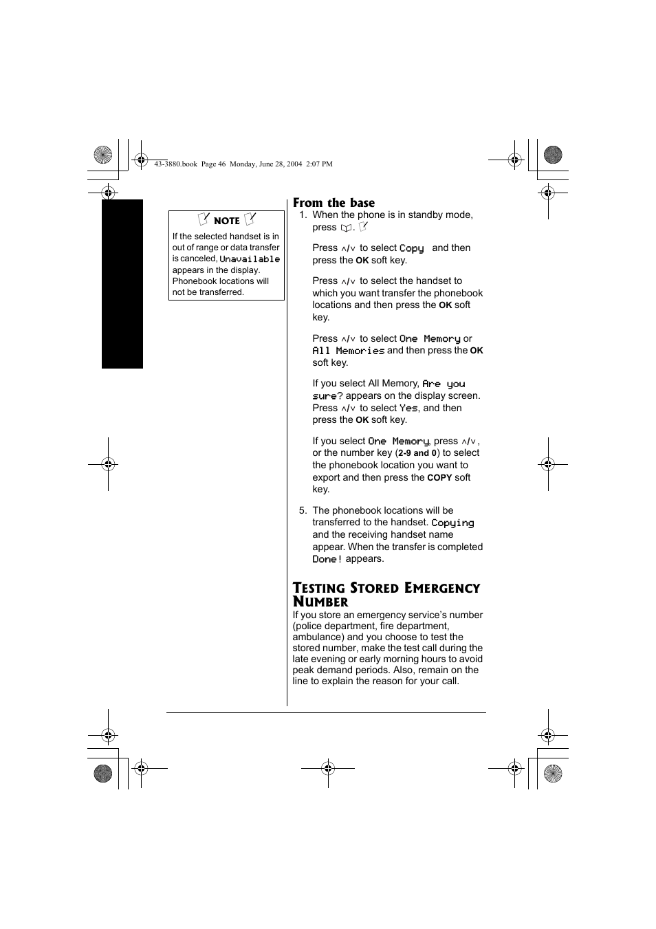 Testing stored emergency, Number | Radio Shack 43-3872 User Manual | Page 46 / 76