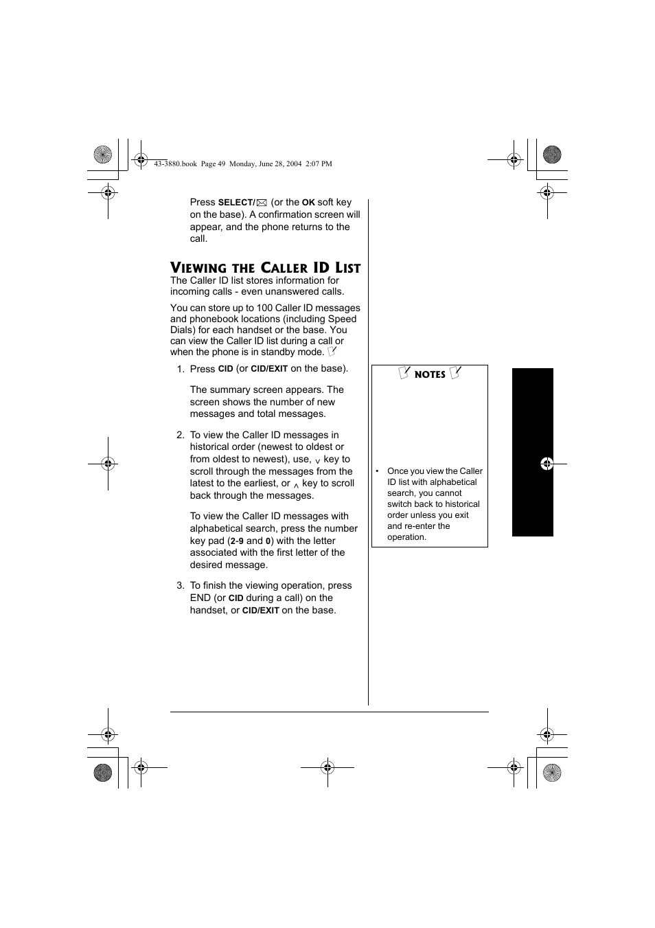 Viewing the caller id list, Id l | Radio Shack 43-3872 User Manual | Page 49 / 76