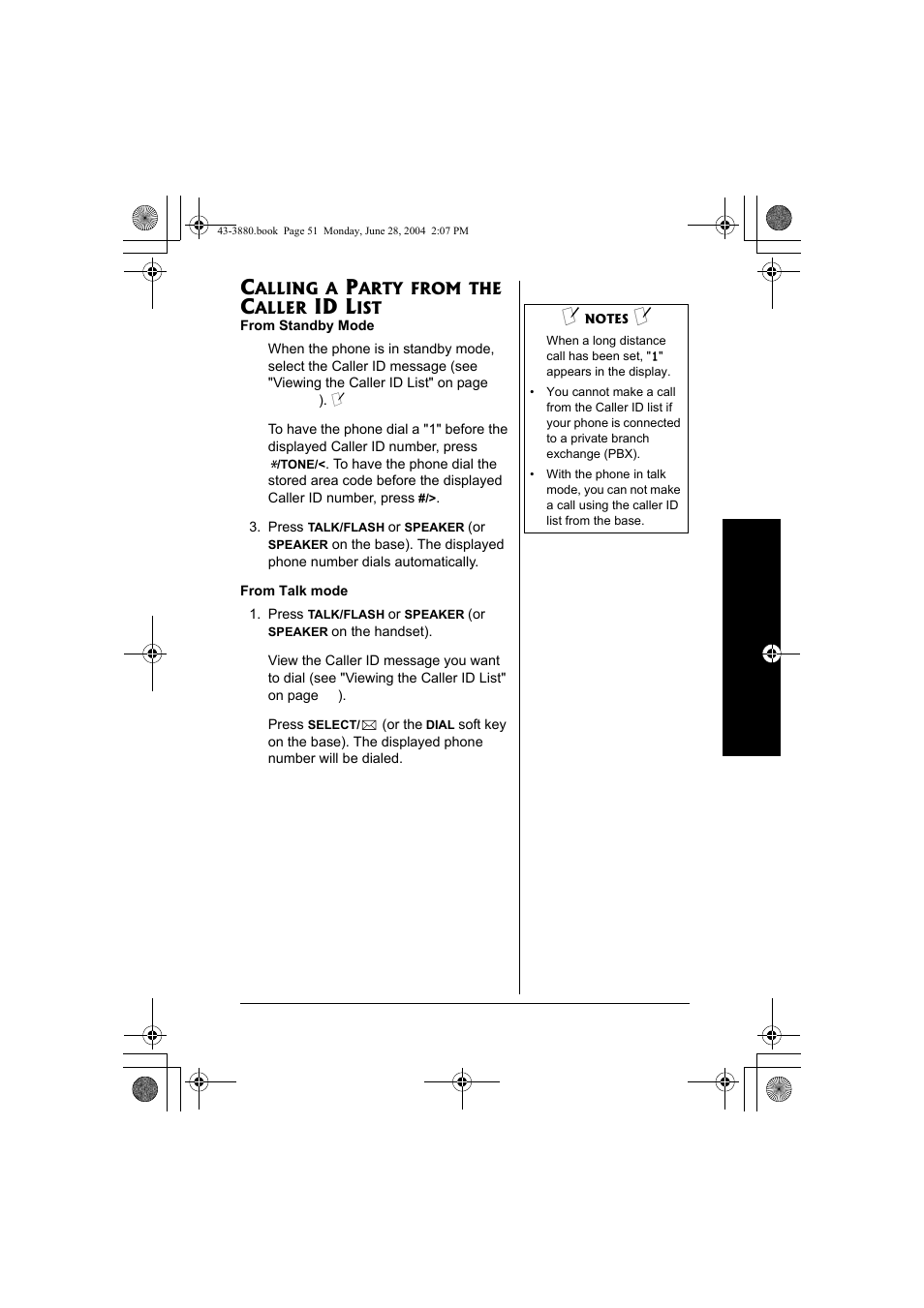 Calling a party from the, Caller id list, Id l | Radio Shack 43-3872 User Manual | Page 51 / 76