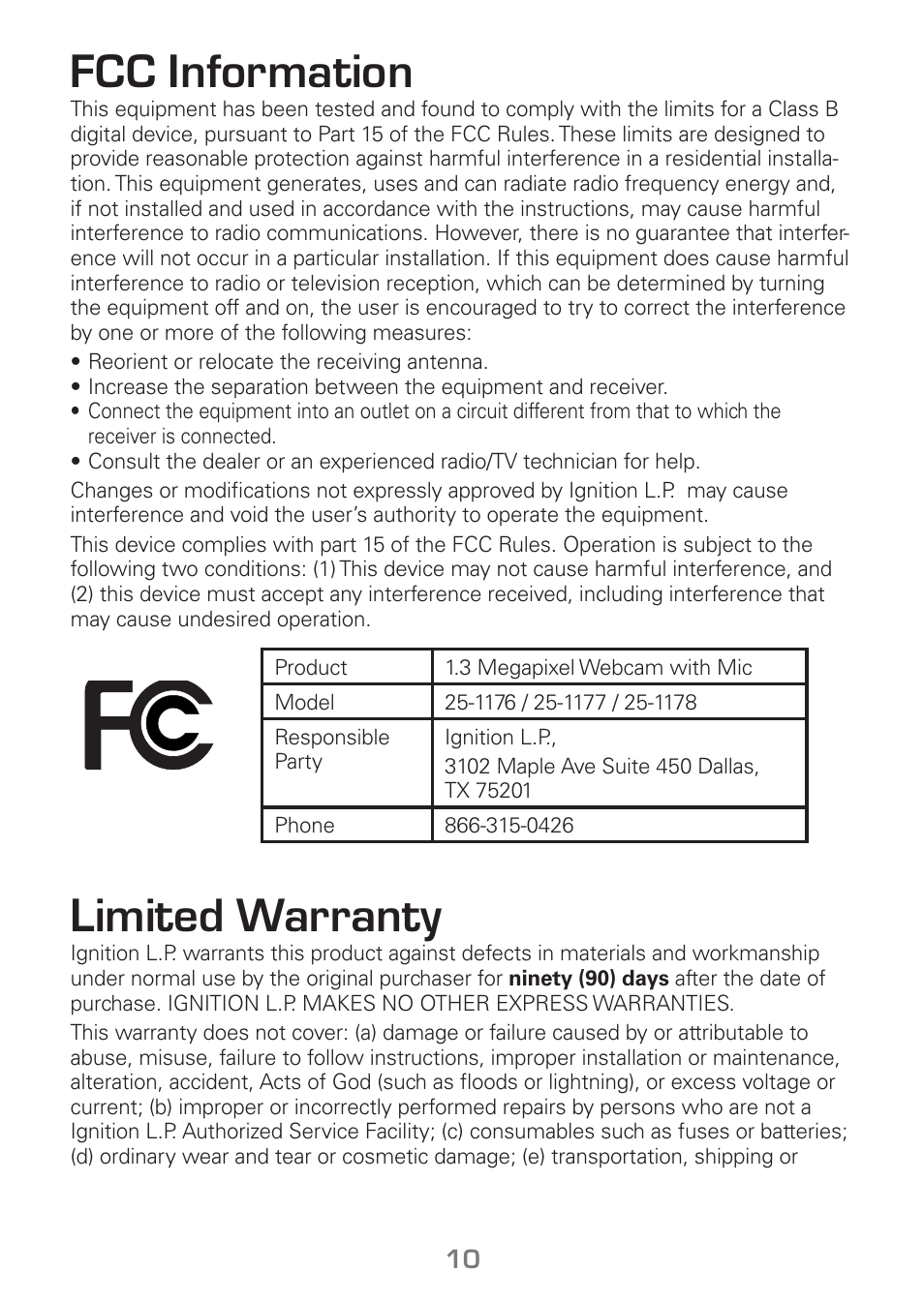 Fcc information, Limited warranty | Radio Shack Gigaware 25-1178 User Manual | Page 10 / 12