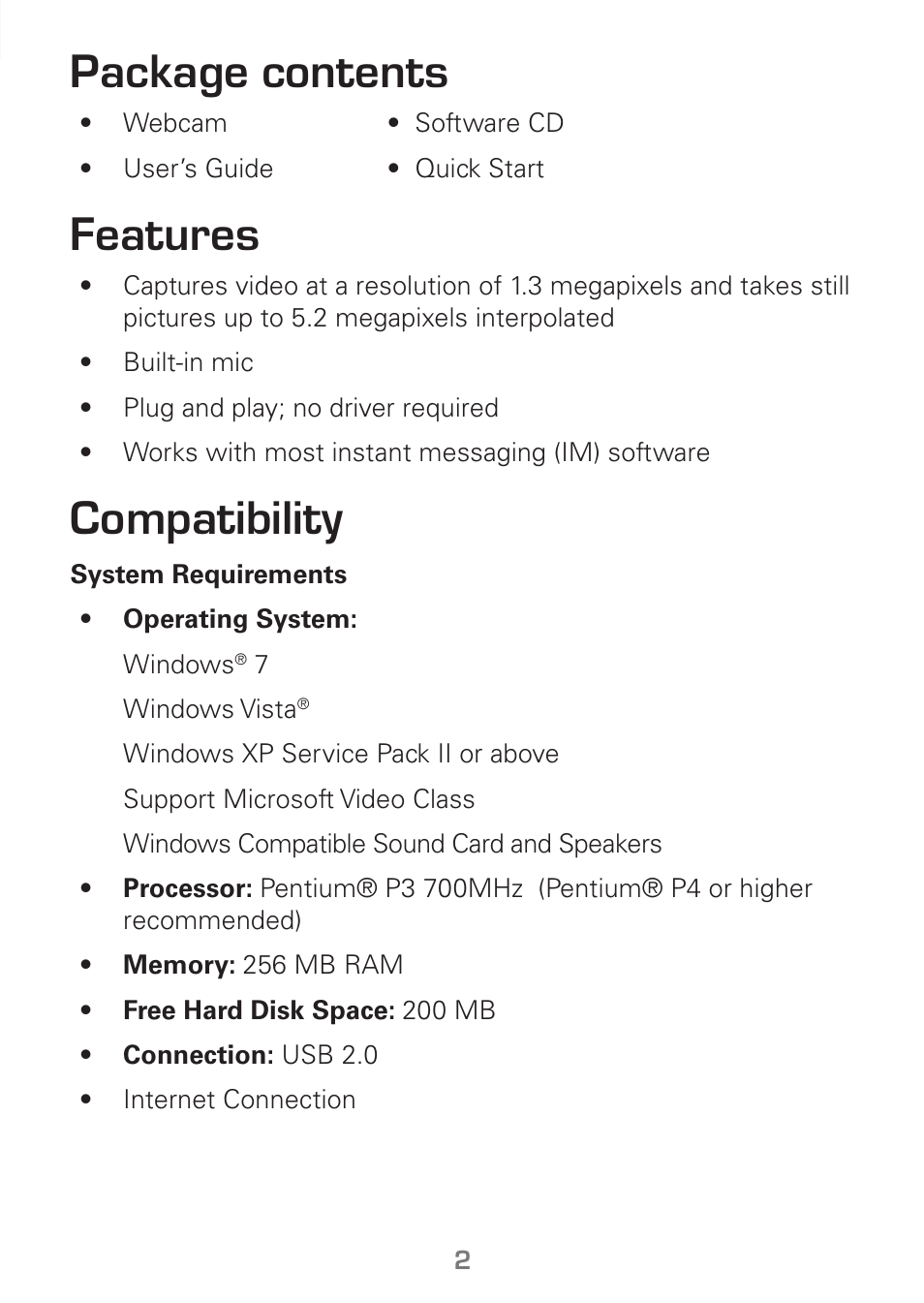 Package contents, Features, Compatibility | Radio Shack Gigaware 25-1178 User Manual | Page 2 / 12