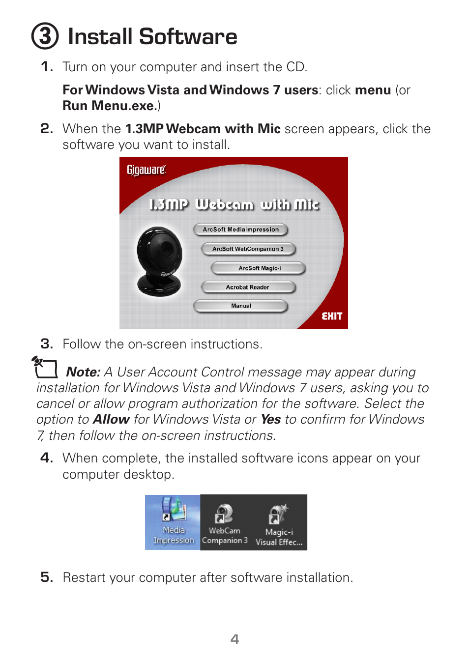 Install software | Radio Shack Gigaware 25-1178 User Manual | Page 4 / 12